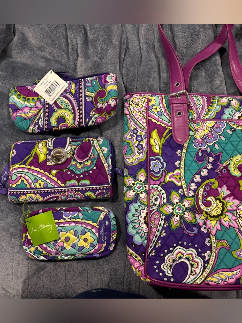 Vera Bradley Purple Teal Paisley Quilted 4 PIECE Set;2 pieces still have tags.
